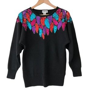 Vintage Rainbow Sequin Sweater Black Knit Bejeweled Feather Print Women's Large
